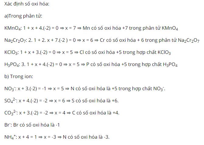 Xác định số oxi hóa của Mn, Cr, Cl, P, S, C, Br