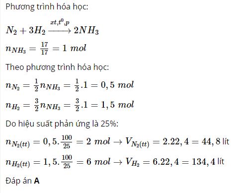 Phải dùng bao nhiêu lít khí nitơ và bao nhiêu lít khí hiđro để điều chế 17,0 gam NH3?