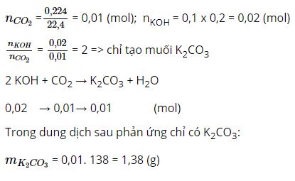 Cho 224,0 ml CO2 hấp thụ hết trong 100,0ml dung dịch kali hidroxit 0,200 M. Tính khối lượng các chất