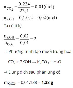 Cho 224,0 ml CO2 hấp thụ hết trong 100,0ml dung dịch kali hidroxit 0,200 M. Tính khối lượng các chất